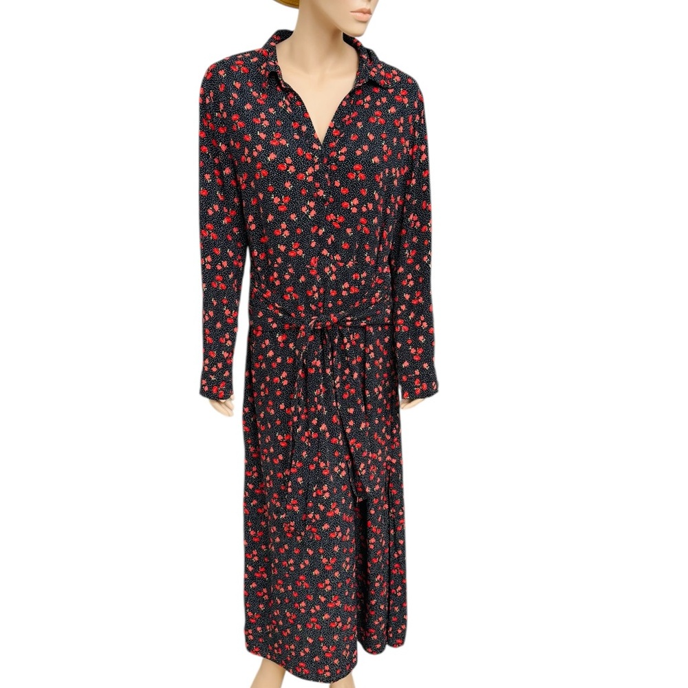 Zara Black Dress with Red Floral Pattern Tie Waist Long Sleeve Size XL